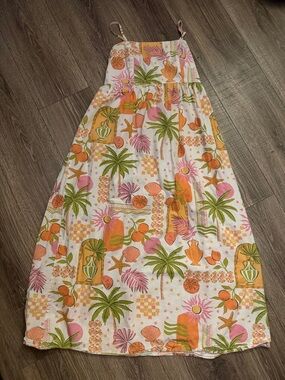 Japna White Midi Dress with Pink, Orange & Green Tropical Print